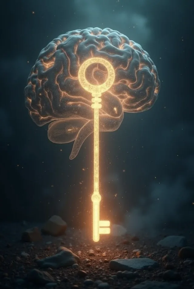 Un cerveau lumineux au-dessus d'une clé dorée